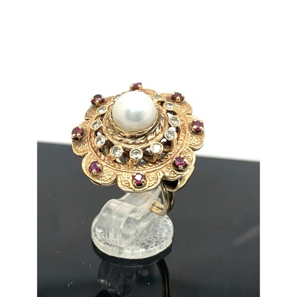 Pearl Ruby Diamond Women's Cocktail Ring 14k Yellow Gold Vintage Estate Size 5.5 - Picture 3 of 14